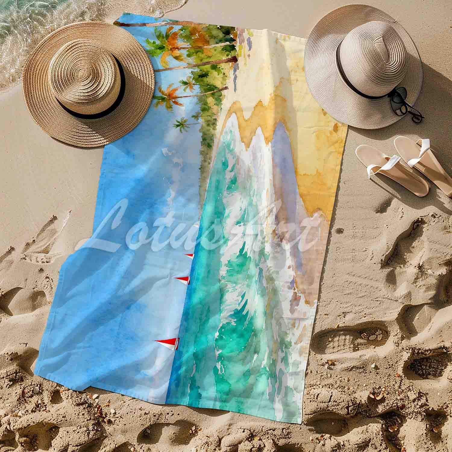 Watercolor tropical beach towel sailboats palm trees sea lovers gift, coastal ocean art lifestyle sand