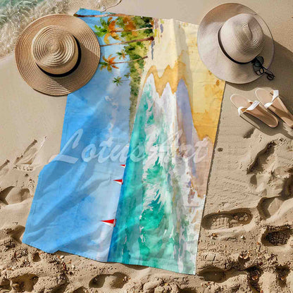 Watercolor tropical beach towel sailboats palm trees sea lovers gift, coastal ocean art lifestyle sand