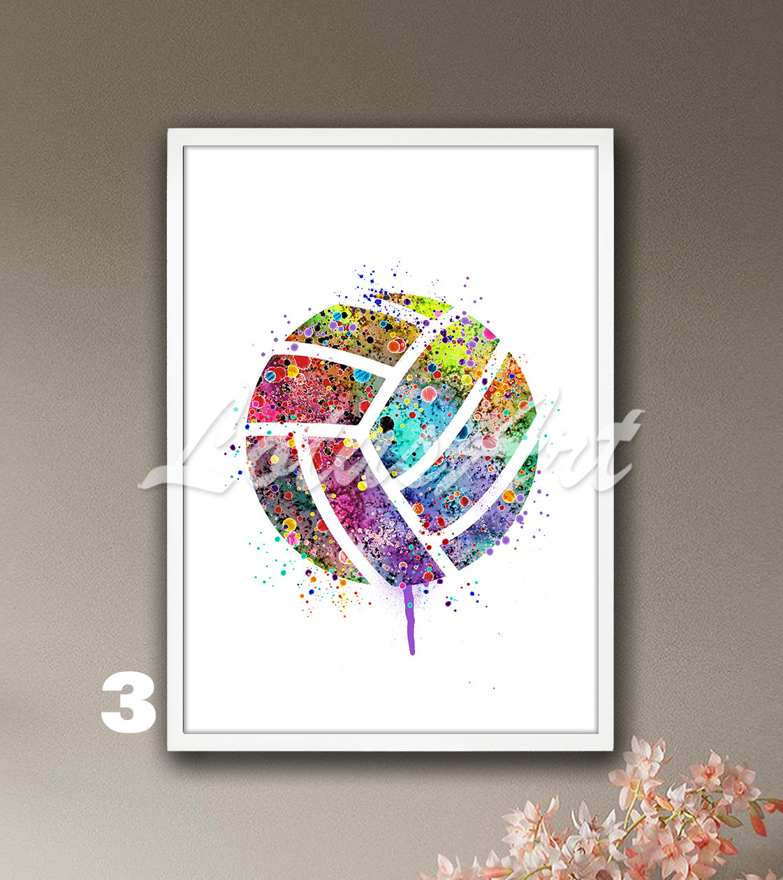Watercolor volleyball sports wall decor in bright rainbow tones - kids room gifts