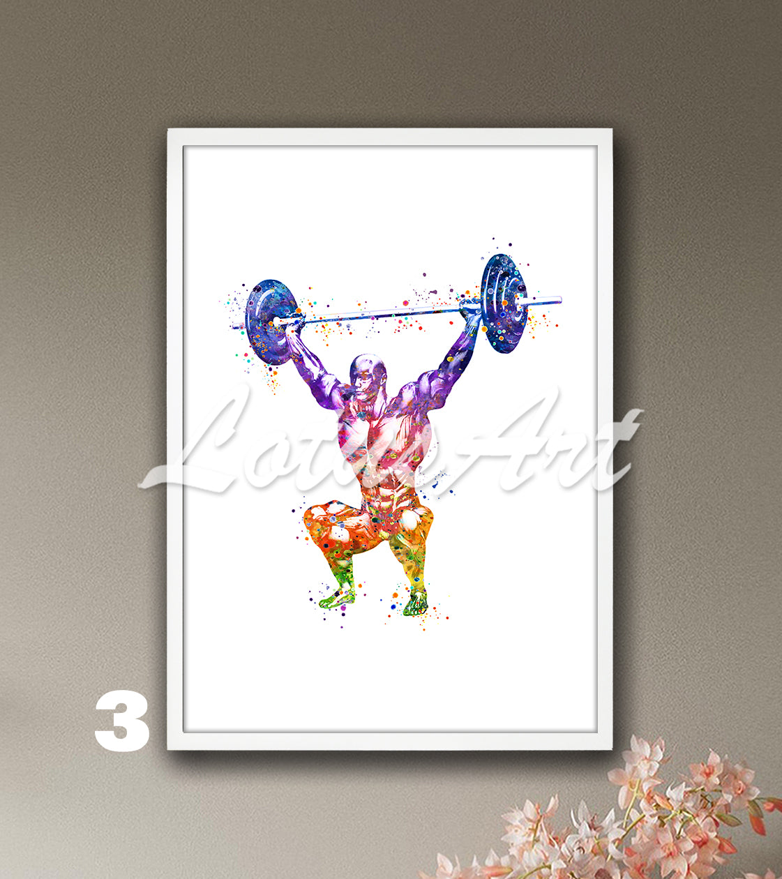 Multicolor artwork of a weightlifter muscles anatomy on a white background with 'Lotus Art' branding.