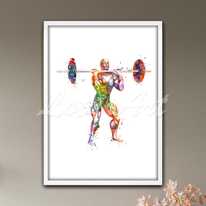 Weightlifter anatomy muscles watercolor painting in multicolor - sports gym wall art print