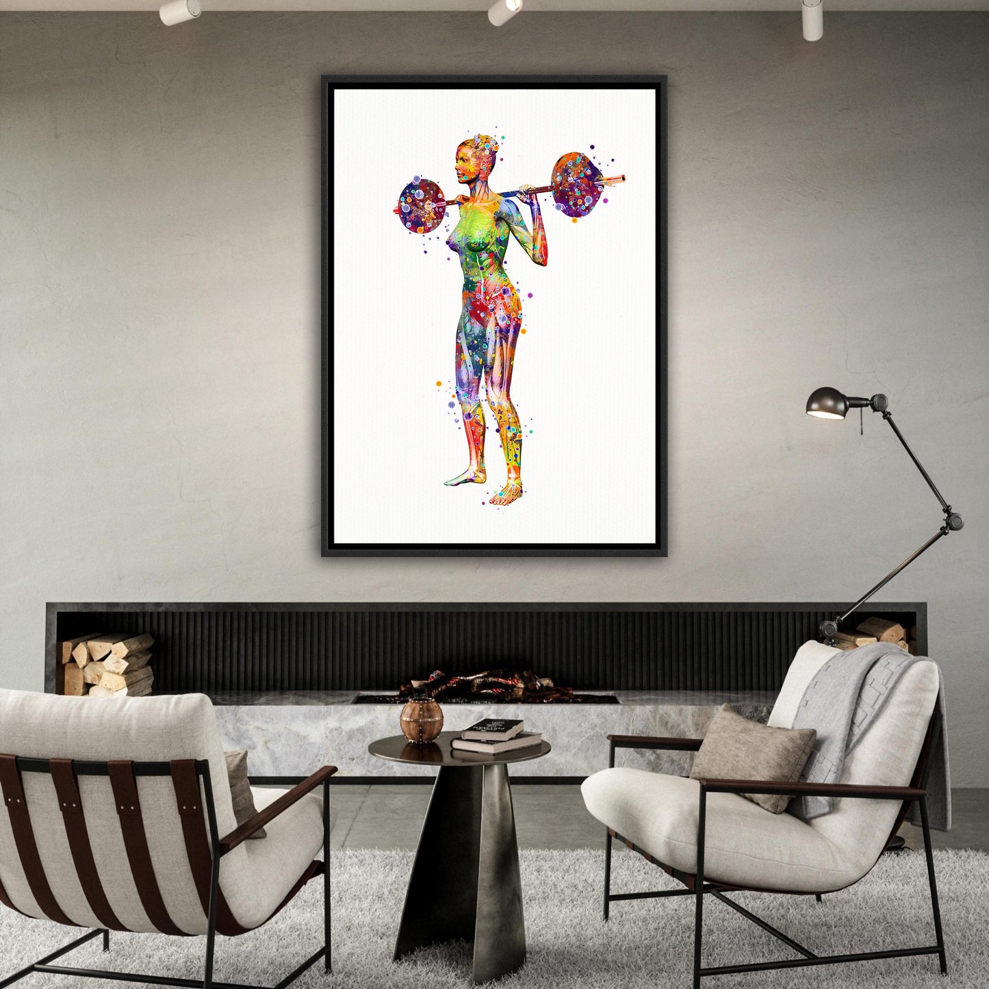 Body muscles anatomy canvas print of a female weightlifter, multicolor watercolor art of sports medical painting.