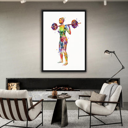 Body muscles anatomy canvas print of a female weightlifter, multicolor watercolor art of sports medical painting.