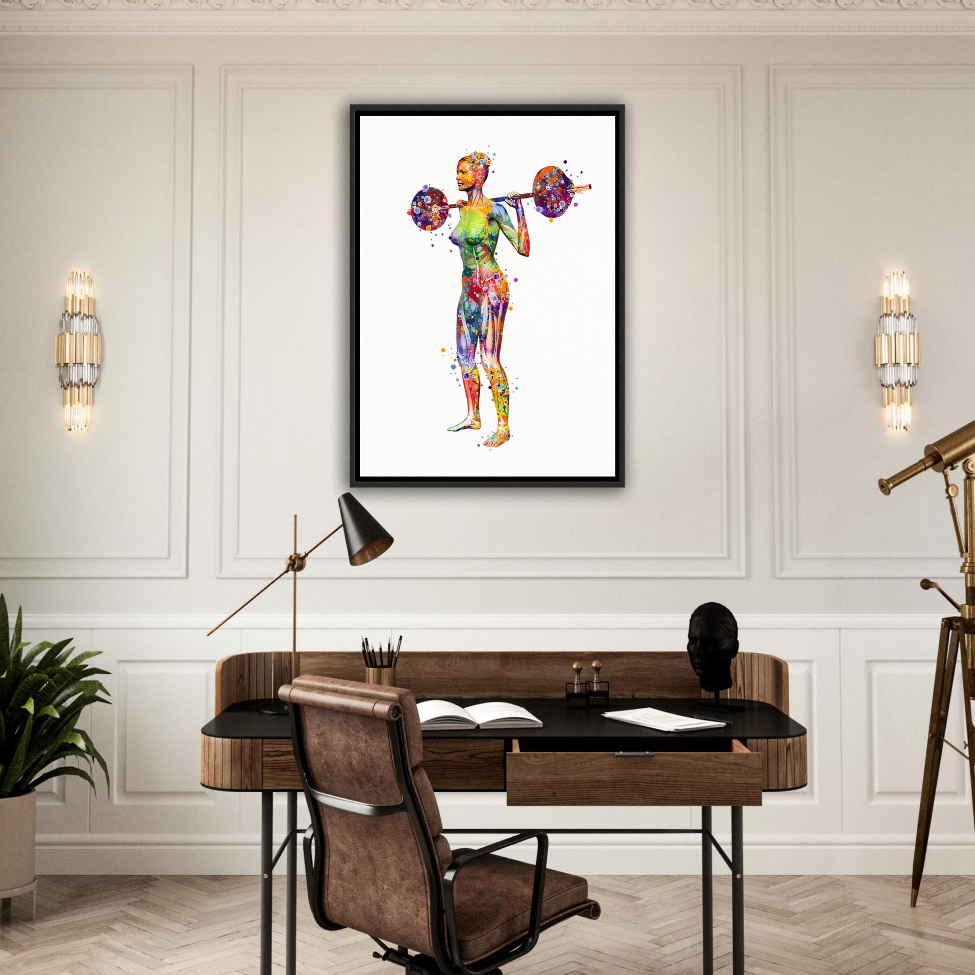 Body muscles anatomy canvas print of a female weightlifter, multicolor watercolor art of sports medical painting on the wall.