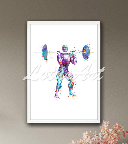 Weightlifter body muscles anatomy lifting barbell in colorful watercolor - physiotherapy clinic painting