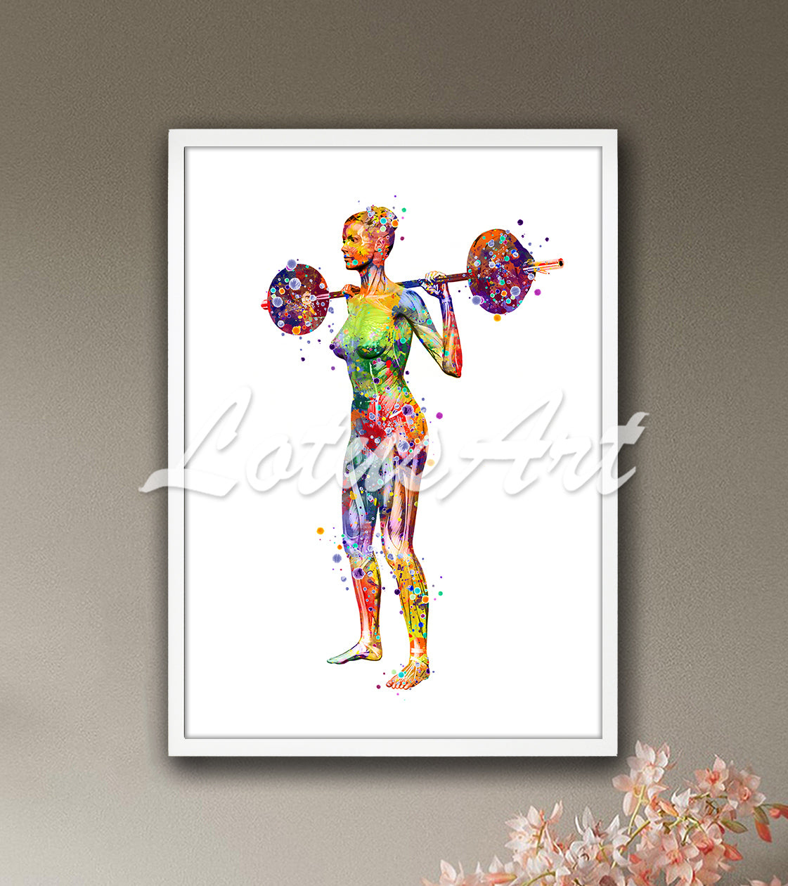 Weightlifter muscles anatomy with barbell multicolor watercolor - sports rehabilitation artwork
