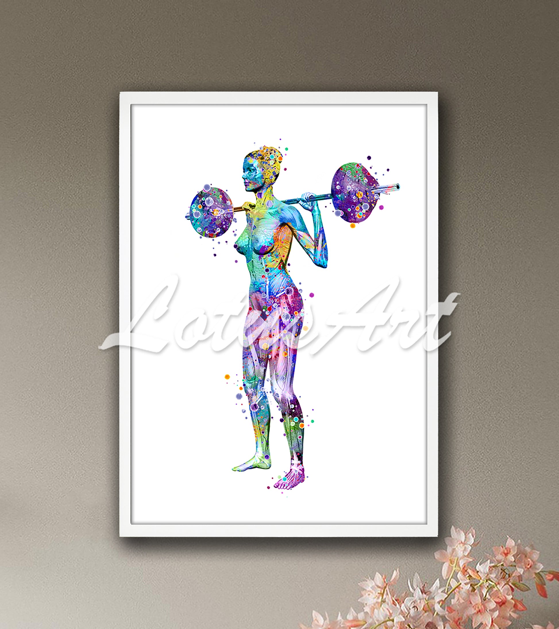 Weightlifter muscles anatomy art print with barbell in vibrant blue-purple watercolor - physiotherapy medical decor