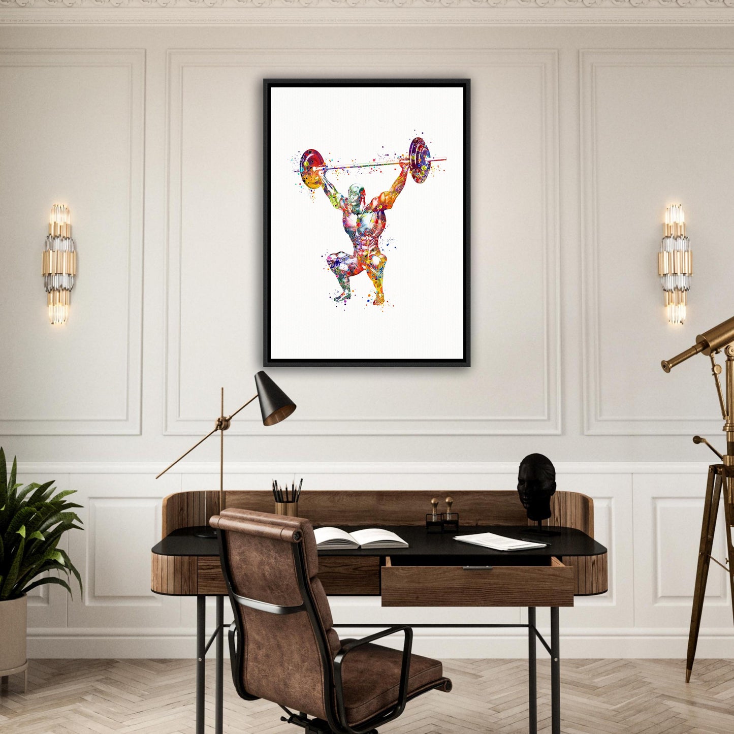 Body muscles anatomy canvas print of a male weightlifter, colorful watercolor art of sports medical painting.