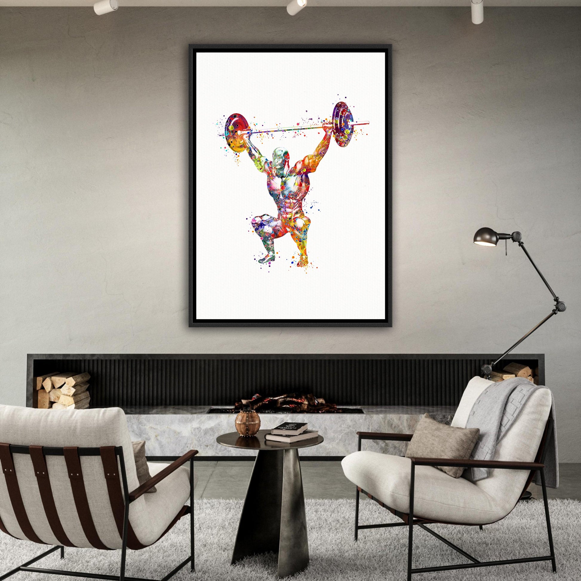 Body muscles anatomy canvas print of a male weightlifter, multicolor watercolor art of sports medical painting.
