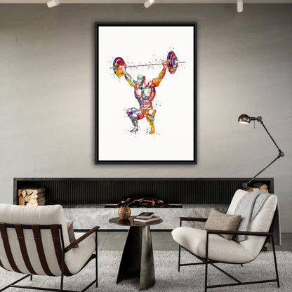 Body muscles anatomy canvas print of a male weightlifter, multicolor watercolor art of sports medical painting.