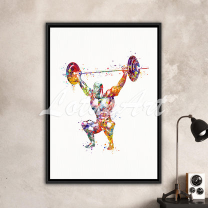 Body muscles anatomy canvas print of a male weightlifter, multi-color watercolor of powerlifting sports medical art.