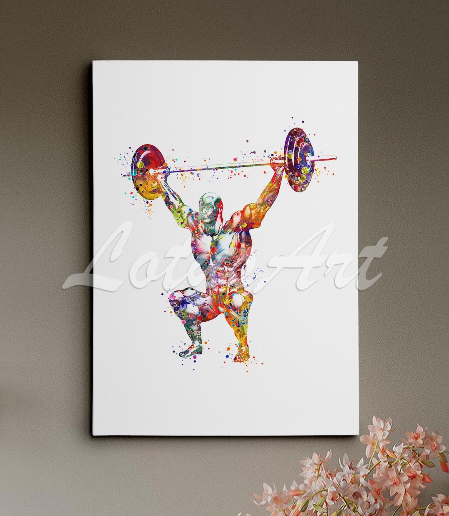 Body muscles anatomy canvas print of a weightlifter, multicolor watercolor art of powerlifting sports medical artwork.