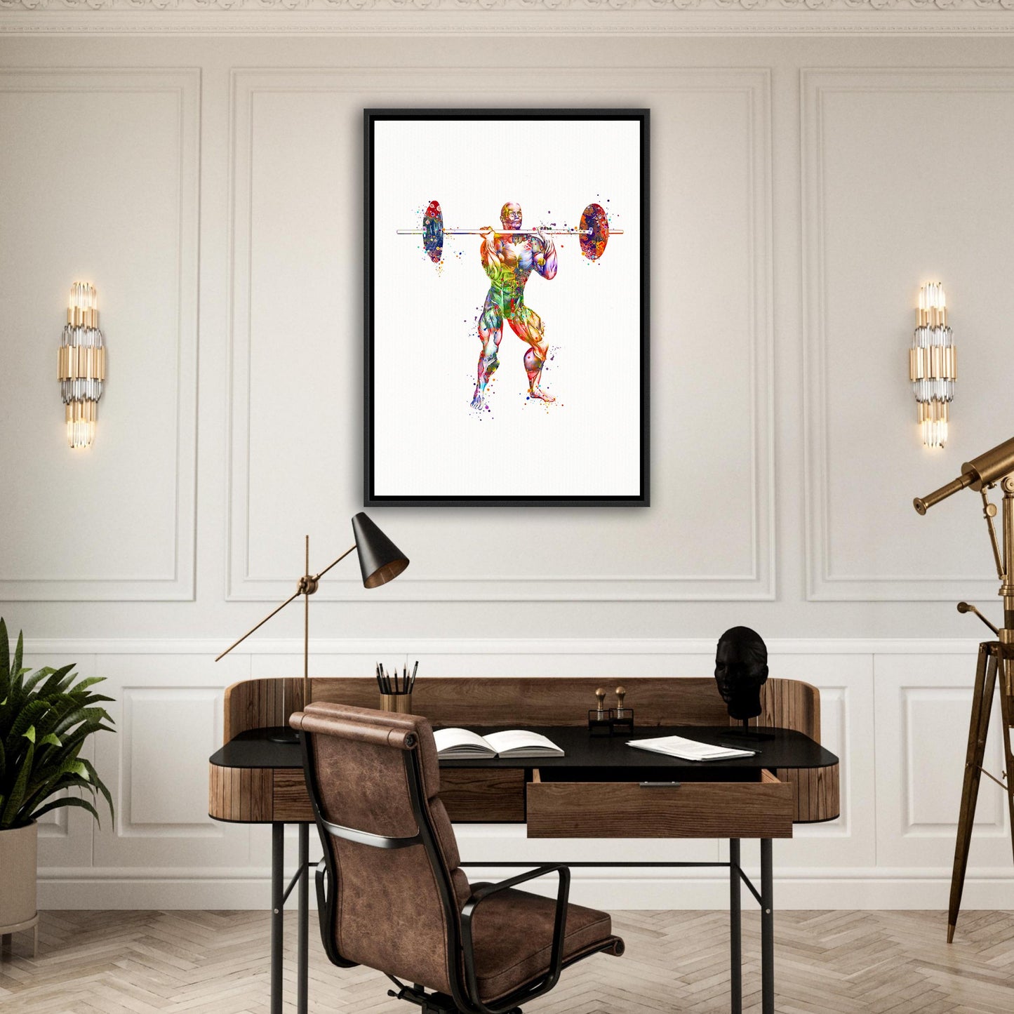 Body muscles anatomy canvas print of a powerlifting weightlifter, colorful watercolor art of sports medical painting.