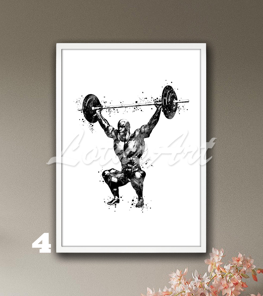 Black-white painting of anatomy muscles of a weightlifter, sports medicine art with 'Lotus Art' branding.
