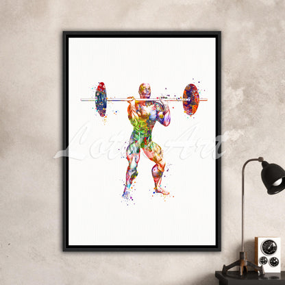 Weightlifter body muscles anatomy canvas print, multi-color watercolor of powerlifting sports medical watercolor art.