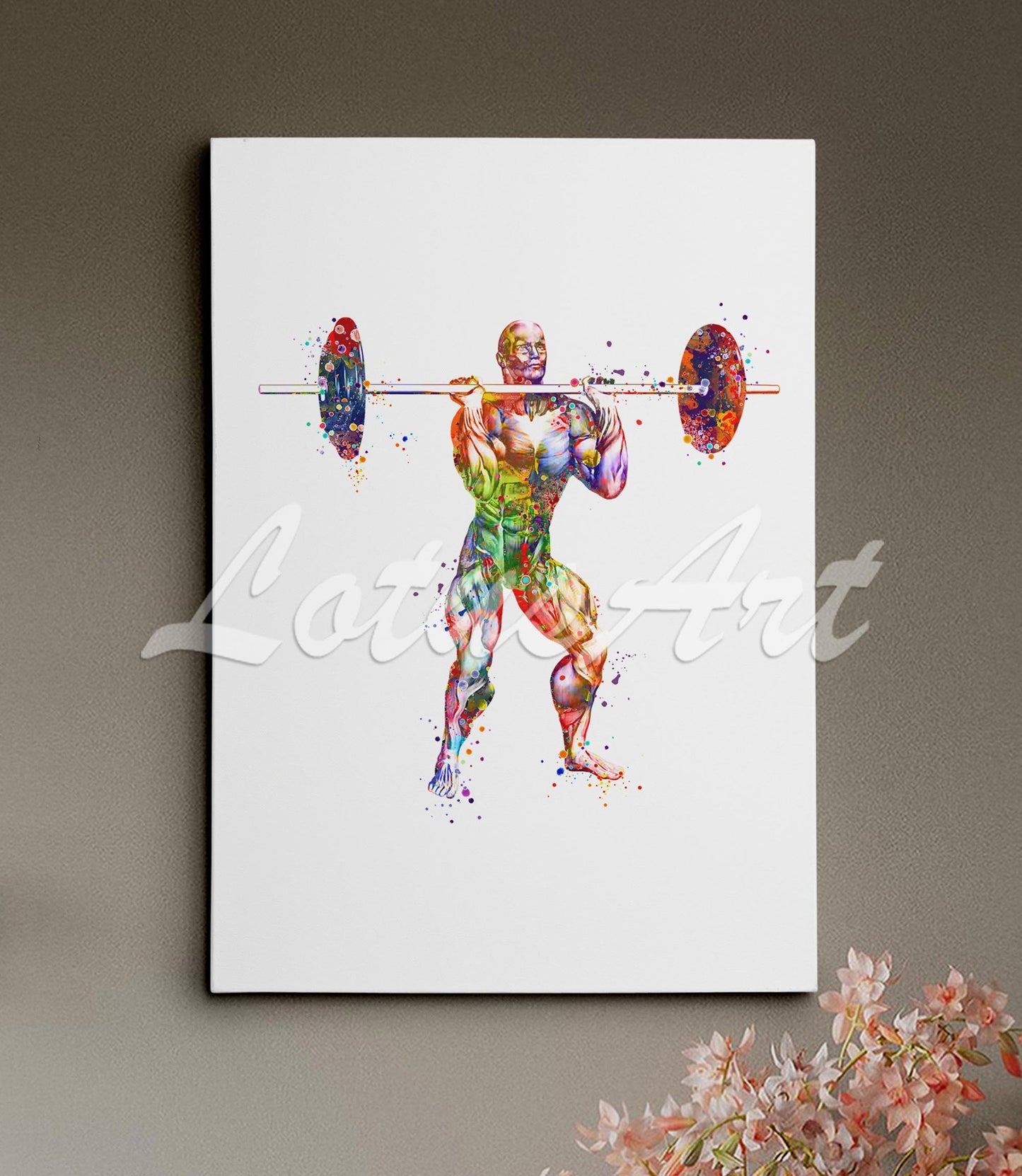 Body muscles anatomy canvas print of a weightlifter, multicolor watercolor painting of powerlifter sports medical art.