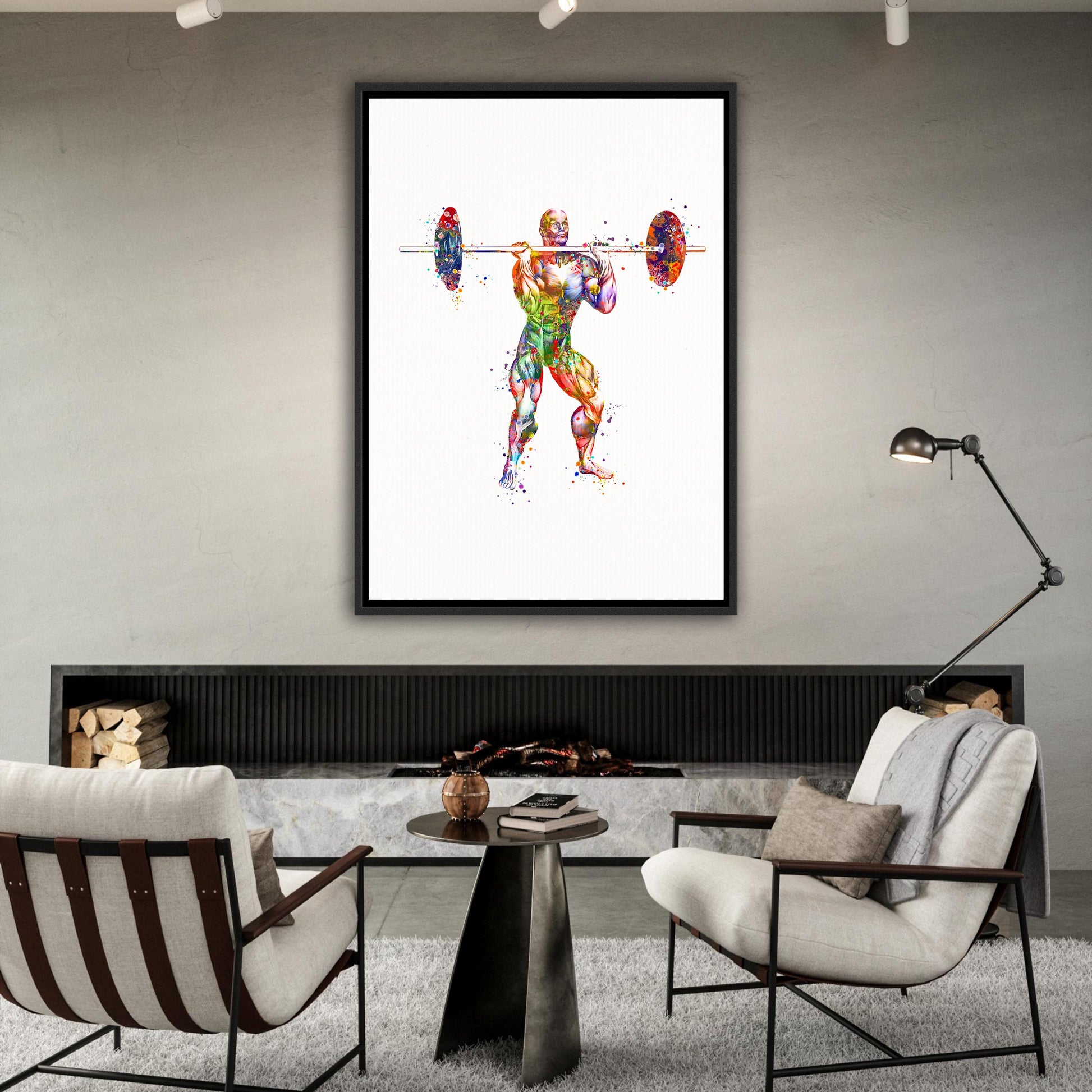 Weightlifter body muscles anatomy print on canvas, multicolor watercolor art of sports medical powerlifting painting.