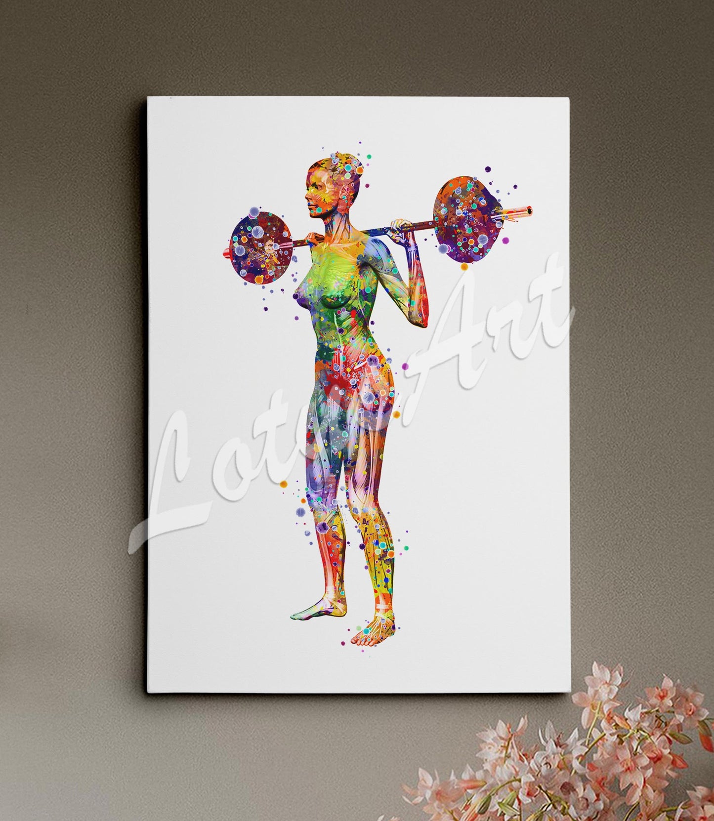 Body muscles anatomy canvas print of a female weightlifter, colorful watercolor art of sports medical painting.