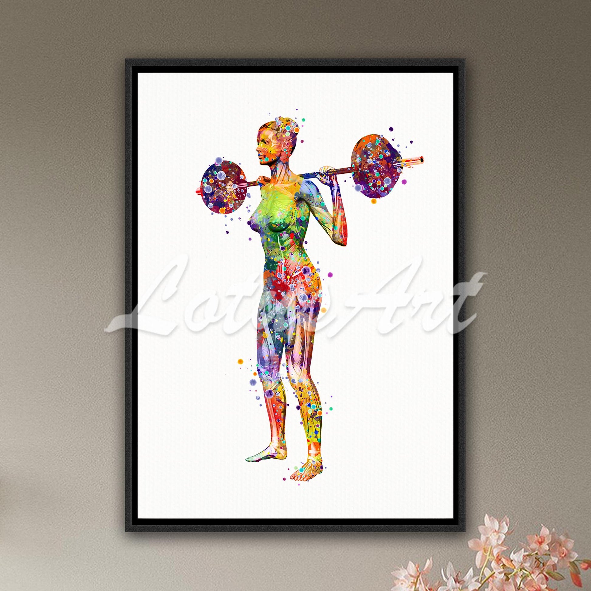 Body muscles anatomy canvas print of a female weightlifter, multi-color watercolor art of sports medical painting.
