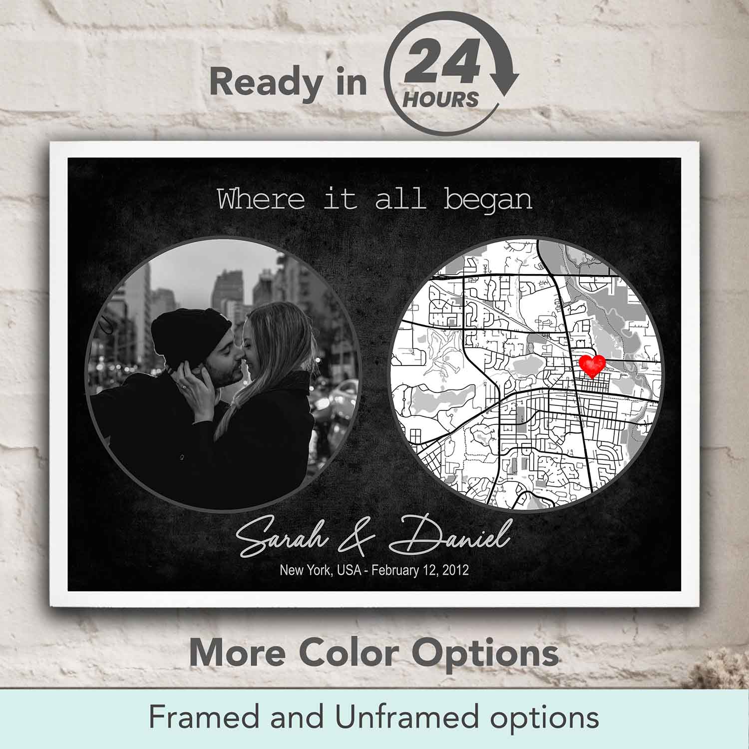 Where It All Began personalized couple location map with photo on black background, romantic first date & anniversary gift