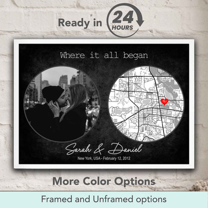 Where It All Began personalized couple location map with photo on black background, romantic first date & anniversary gift