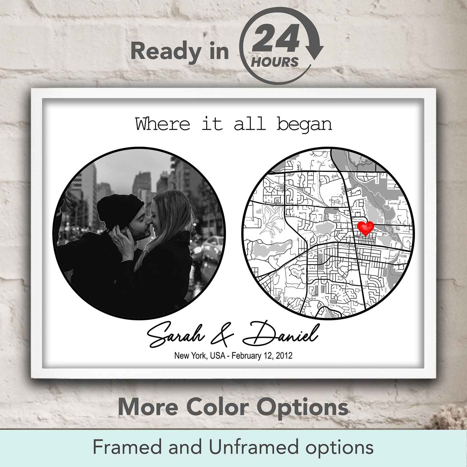 Where It All Began personalized couple location map with photo on white background, custom first date gift & romantic decor