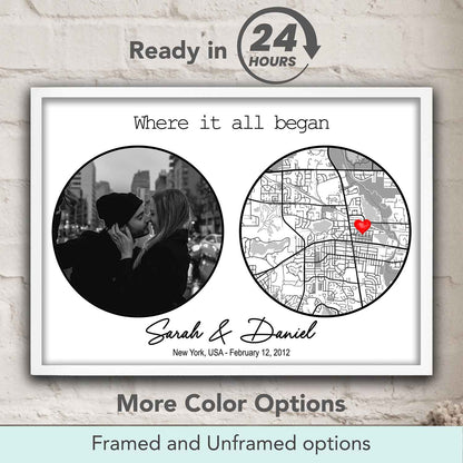 Where It All Began personalized couple location map with photo on white background, custom first date gift & romantic decor