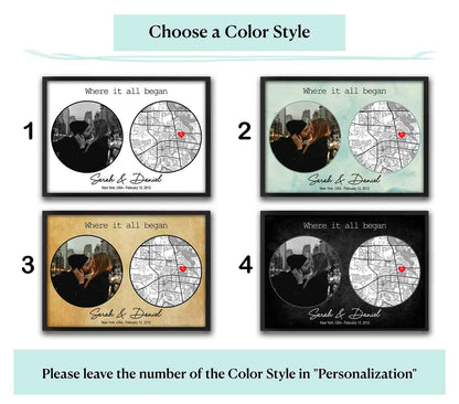 Where It All Began personalized couple location map with photo, 4 color style options, custom first date romantic art print
