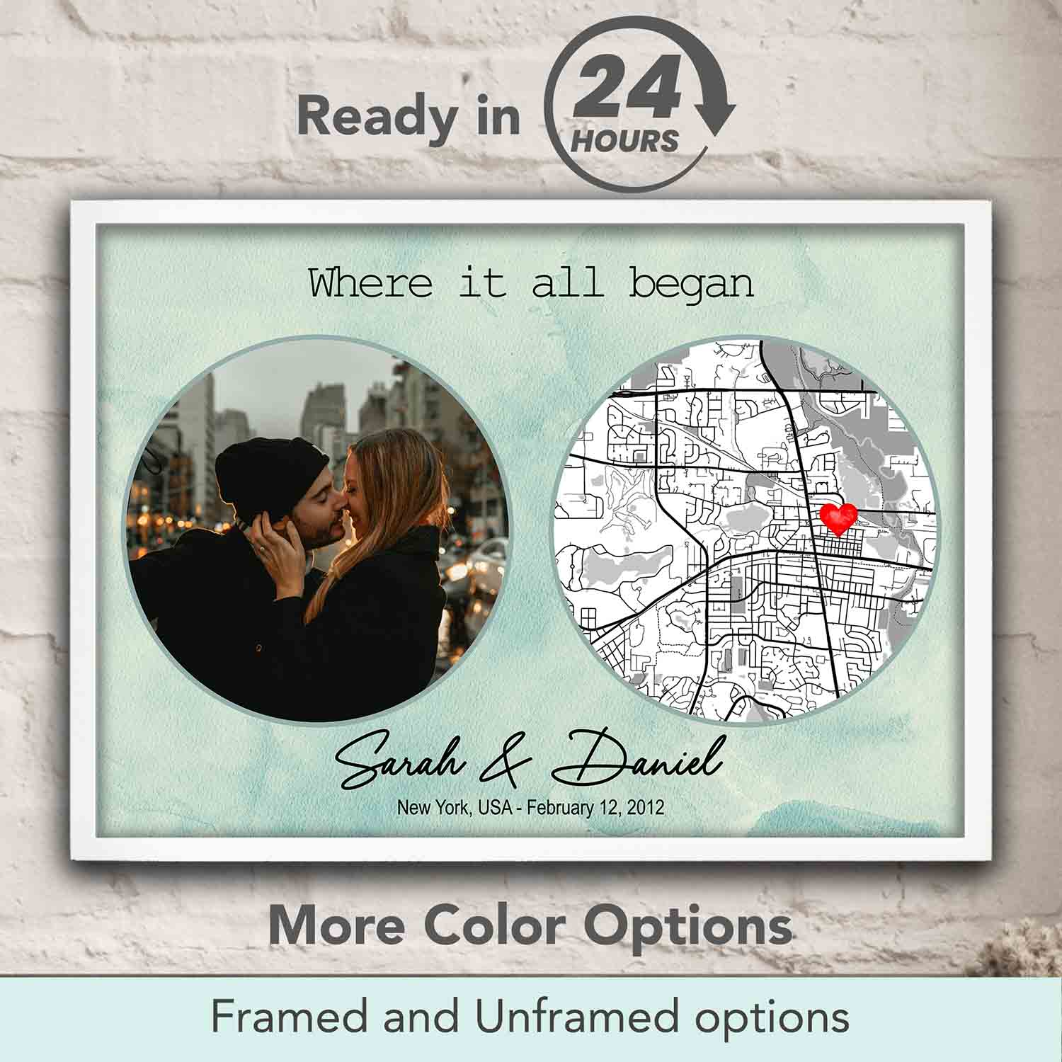 Where It All Began personalized couple location map on pastel teal green background, custom print with photo & romantic gift