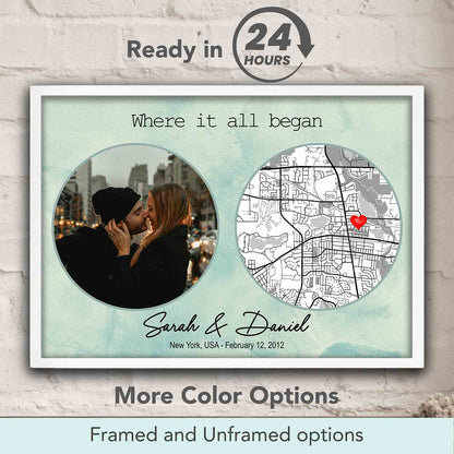 Where It All Began personalized couple location map on pastel teal green background, custom print with photo & romantic gift