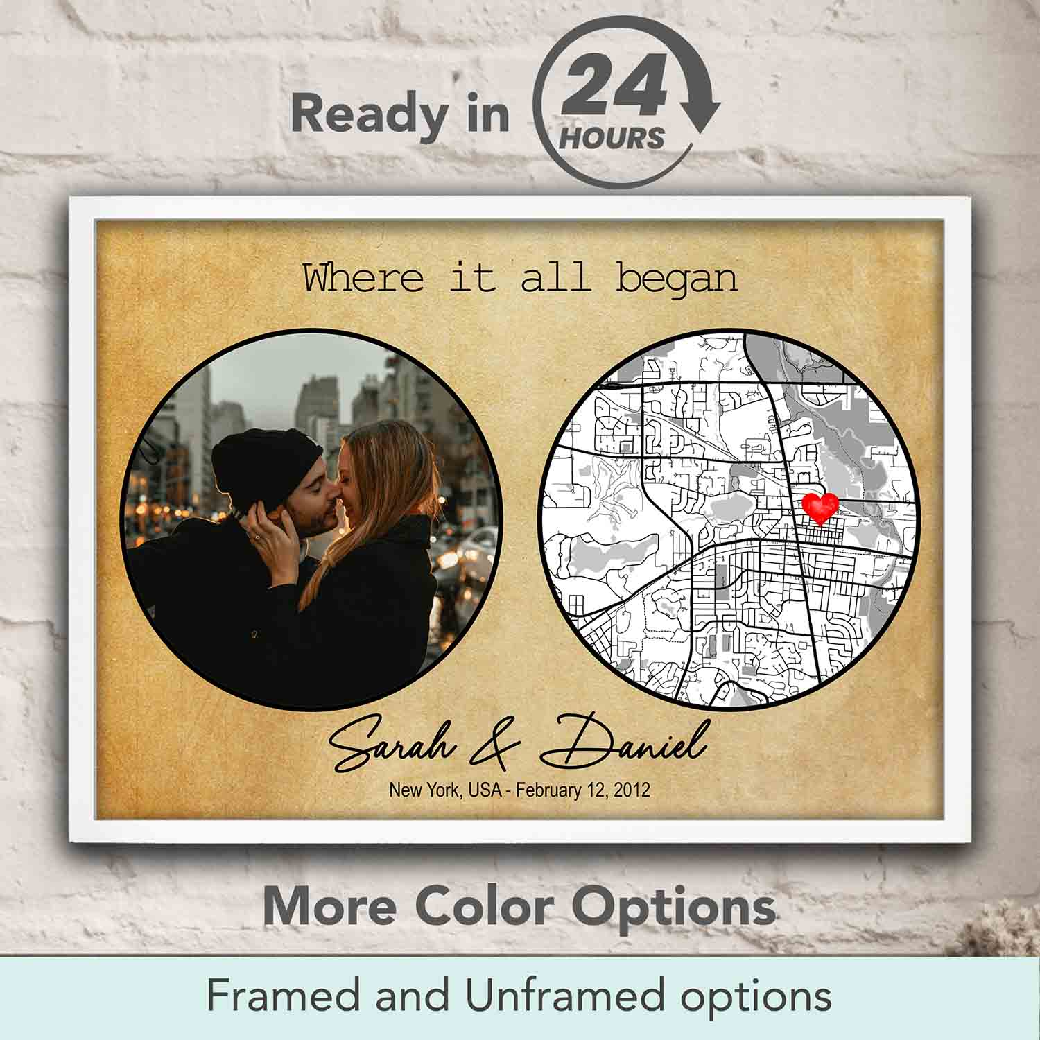 Where It All Began personalized couple location poster with photo on sepia background, custom first date map & romantic gift