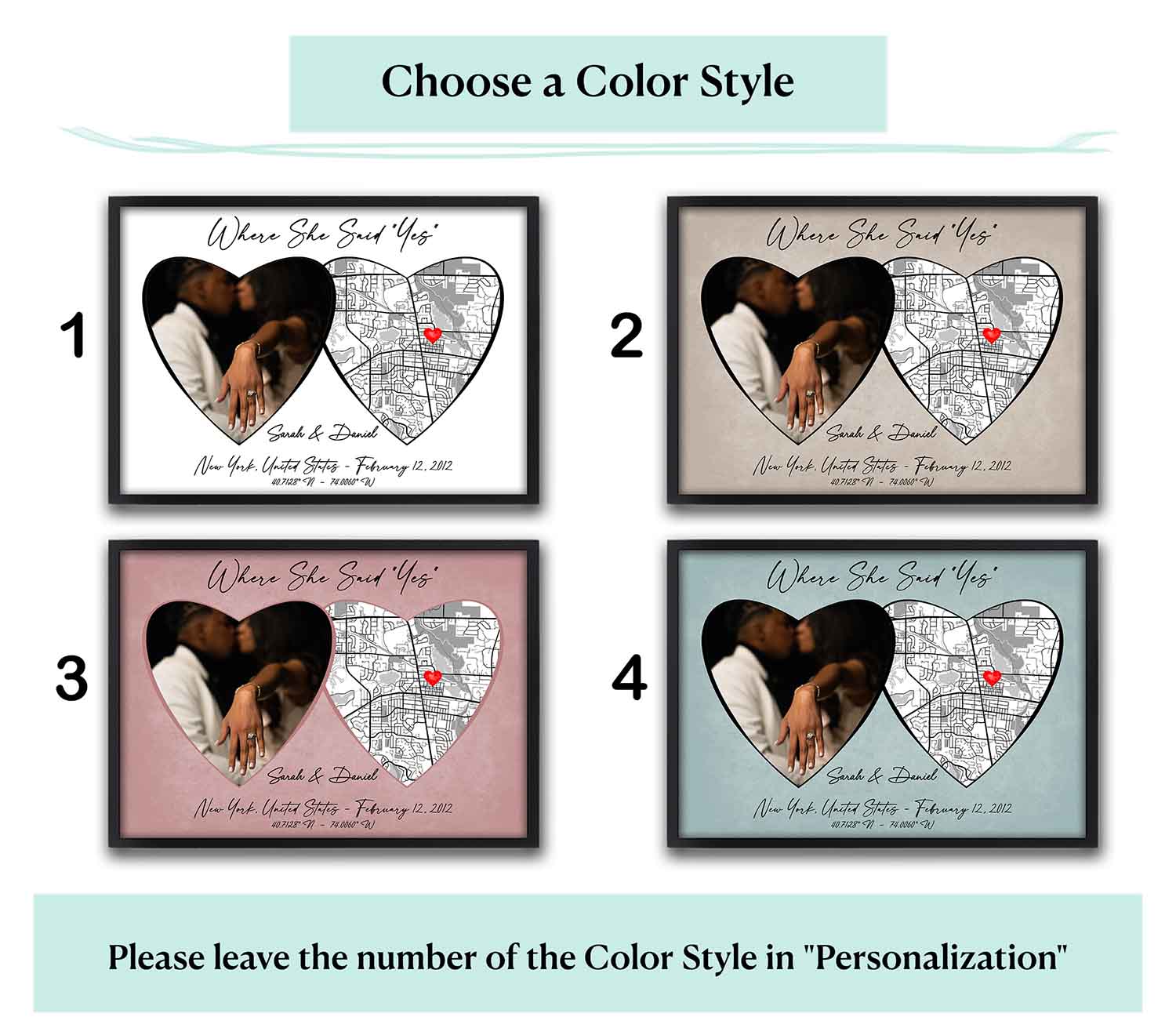 Where She Said Yes custom location map with color style options, personalized engagement poster & couple gift