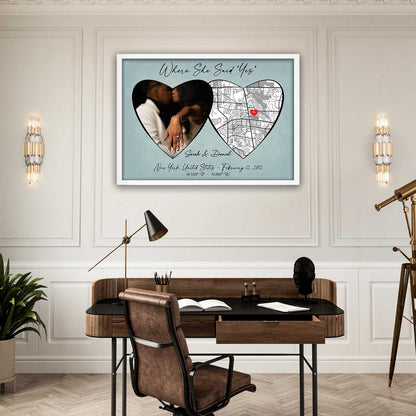 Where She Said Yes custom location map in light pastel teal, personalized engagement poster & couple wall art