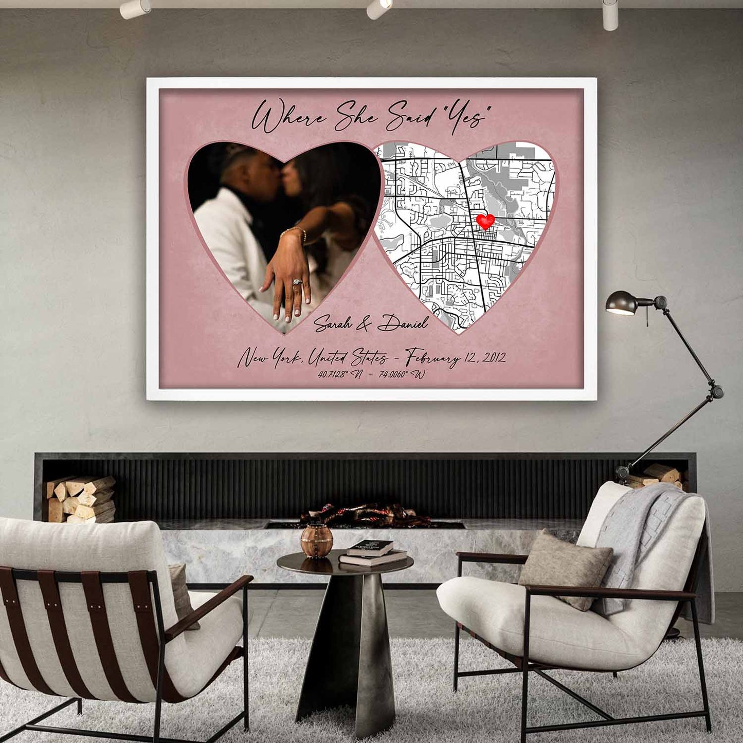 Where She Said Yes custom location map in pastel rose ash tones, personalized romantic engagement gift & anniversary keepsake