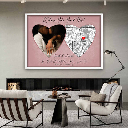 Where She Said Yes custom location map in pastel rose ash tones, personalized romantic engagement gift & anniversary keepsake