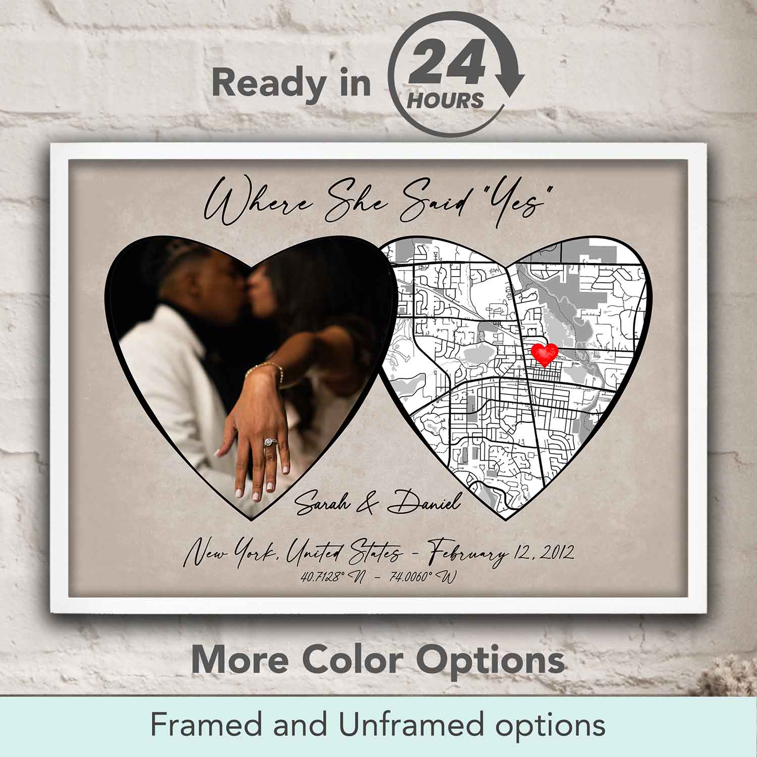 Where She Said Yes custom location map in pastel beige tones, personalized engagement gift & couple proposal decor