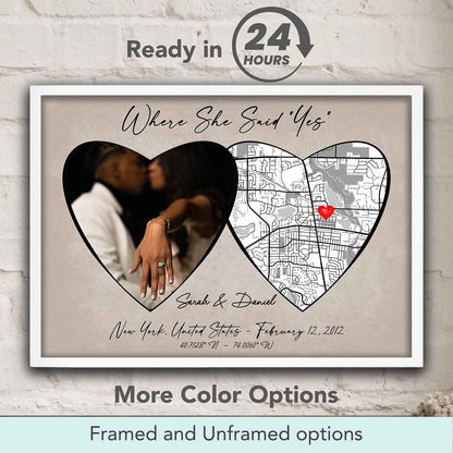 Where She Said Yes custom location map in pastel beige tones, personalized engagement gift & couple proposal decor