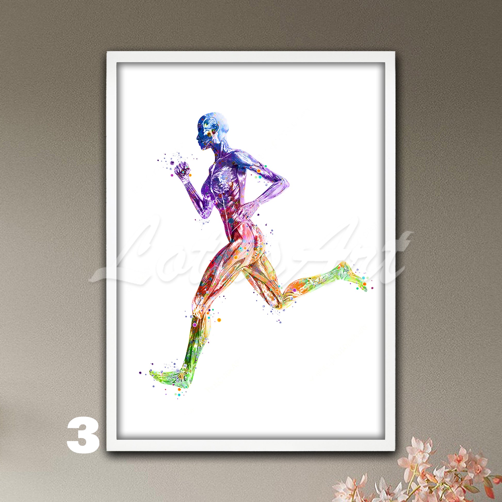 Art print of female runner body muscles anatomy in rainbow colors, sports medical watercolor wall decor.