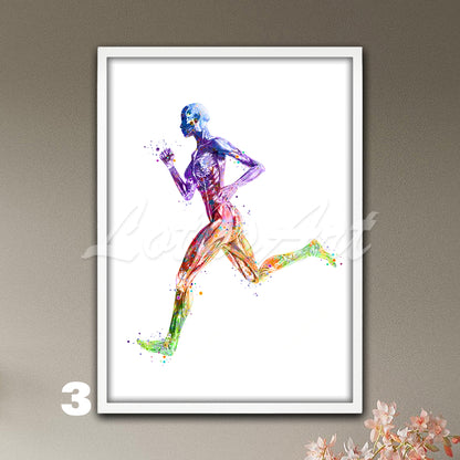Art print of female runner body muscles anatomy in rainbow colors, sports medical watercolor wall decor.