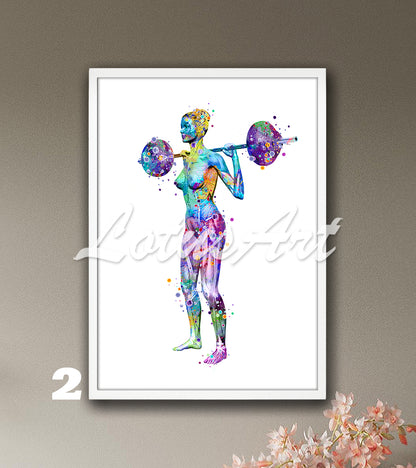 Body muscles anatomy art print of a woman weightlifter, modern watercolor medical painting.