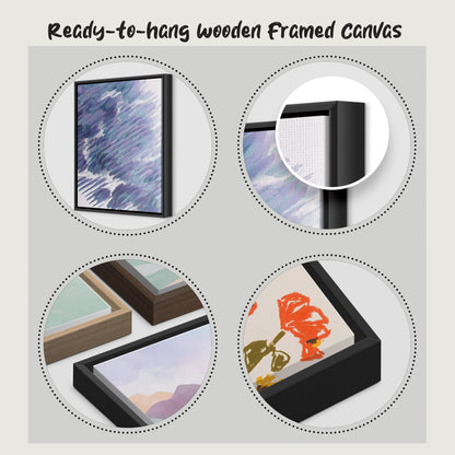 Collage of ready-to-hang wooden framed canvases with different designs.