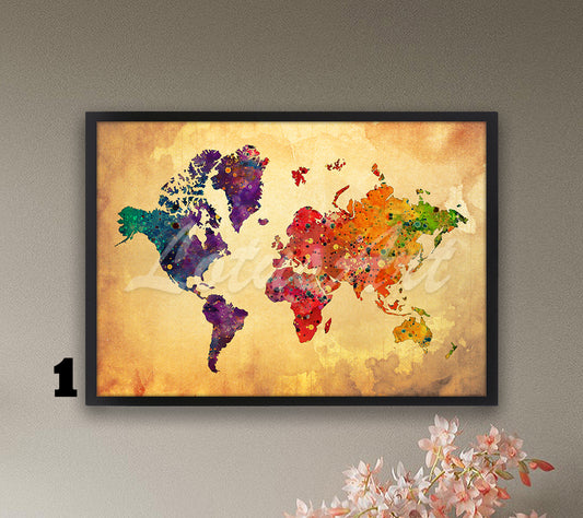 World map watercolor art print in vintage style with warm beige tones, travel wall decor & traveler gift in black frame
