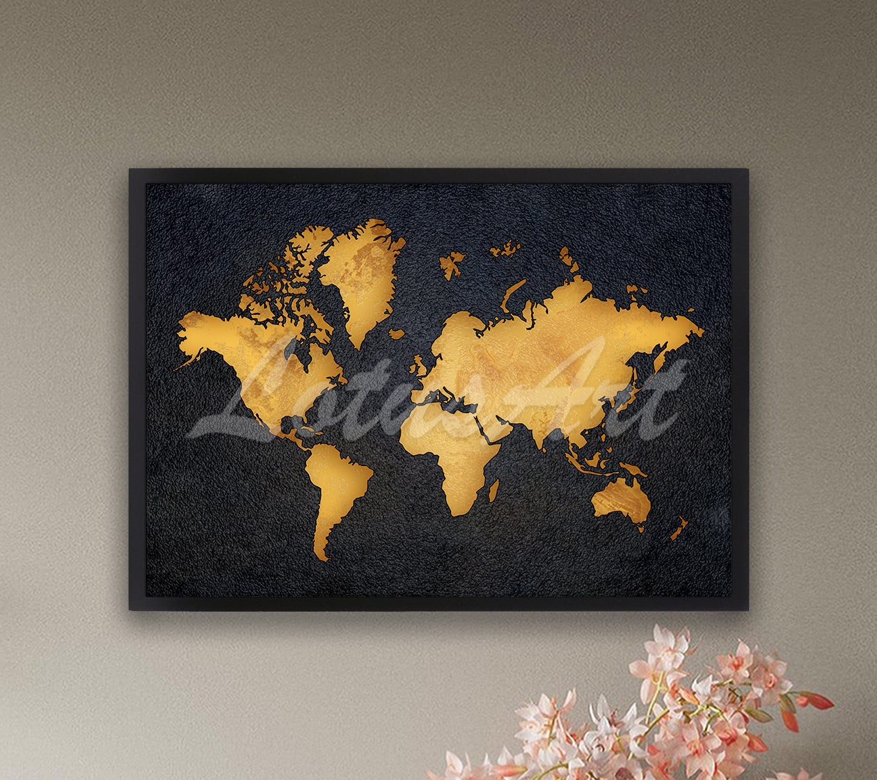 World Map Black & Gold Yellow Art Print, Travel Wall Decor, Modern Interior Design