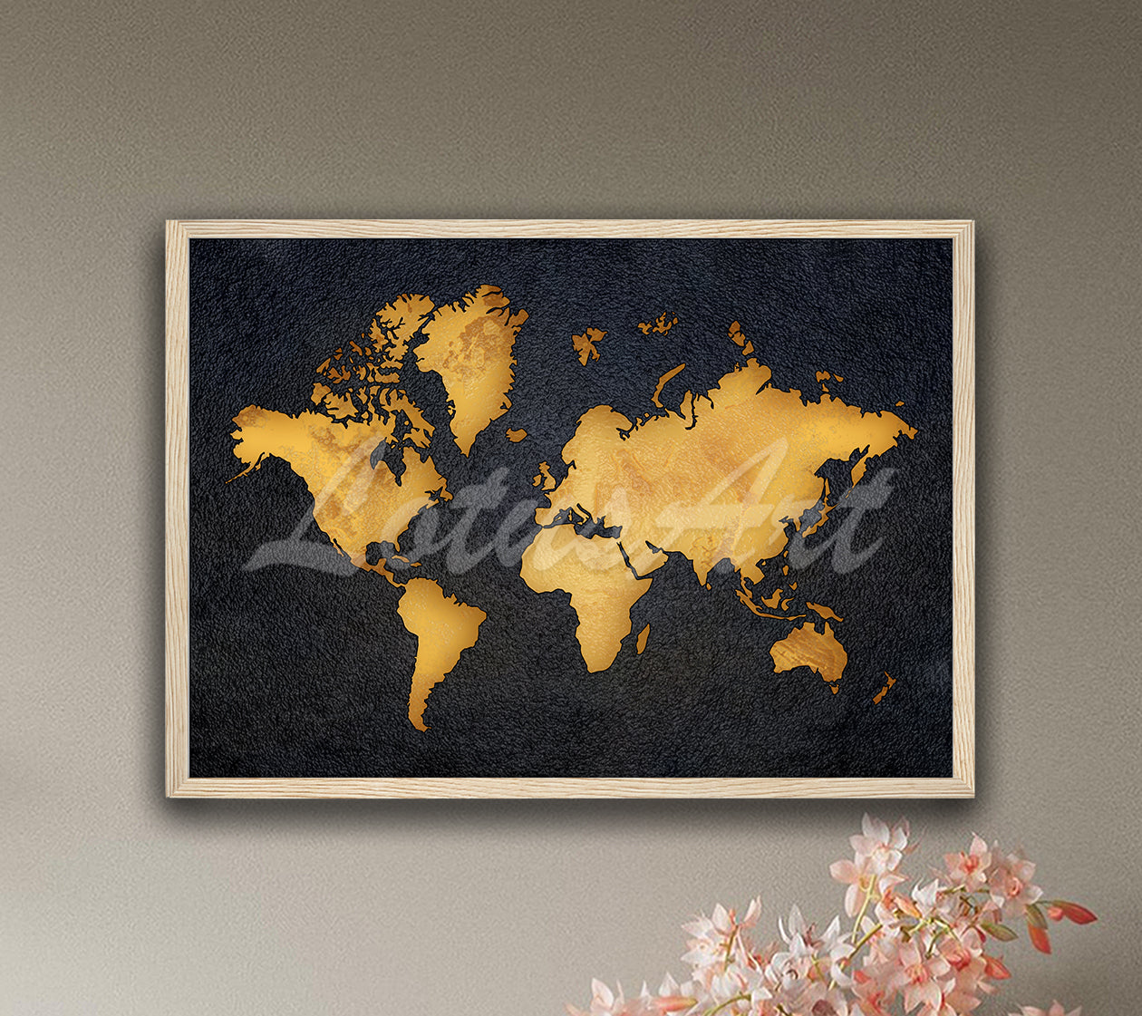 World Map Black & Gold Yellow Art Print, Travel Wall Decor, Modern Interior Design