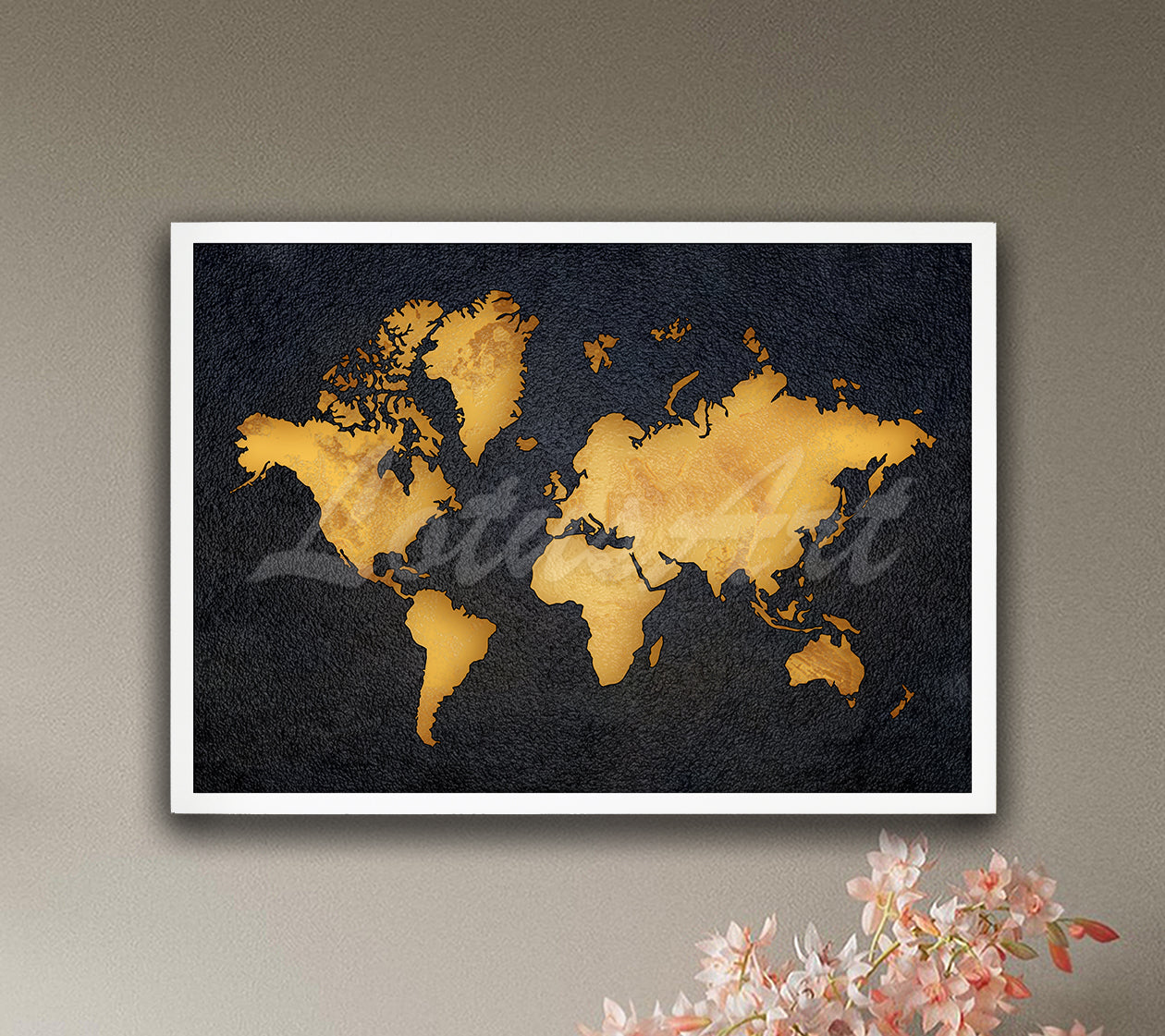 World map black and golden yellow wall art print in white frame, modern travel home decor & interior design gift