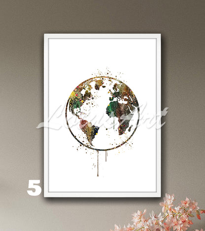 Planet Earth Watercolor Art Print, World Map Decor, Travel Poster, Traveler Gift