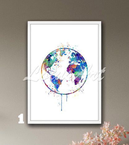 Planet Earth Watercolor Art Print, World Map Decor, Travel Poster, Traveler Gift