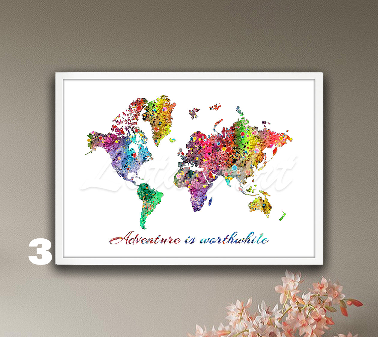 World map watercolor art with Adventure is worthwhile quote in multicolor tones, inspirational travel decor & traveler gift