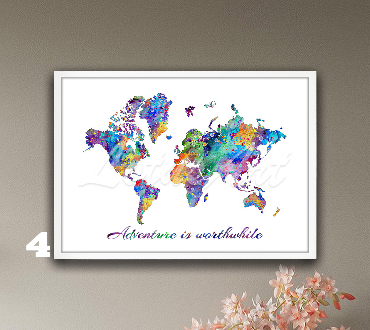 World map watercolor art print with Adventure is worthwhile quote in warm red and orange tones, inspirational traveler gift