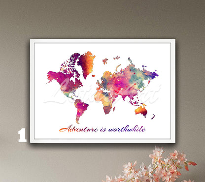 World map watercolor print with Adventure is worthwhile quote in multicolor tones, travel wall art & traveler gift